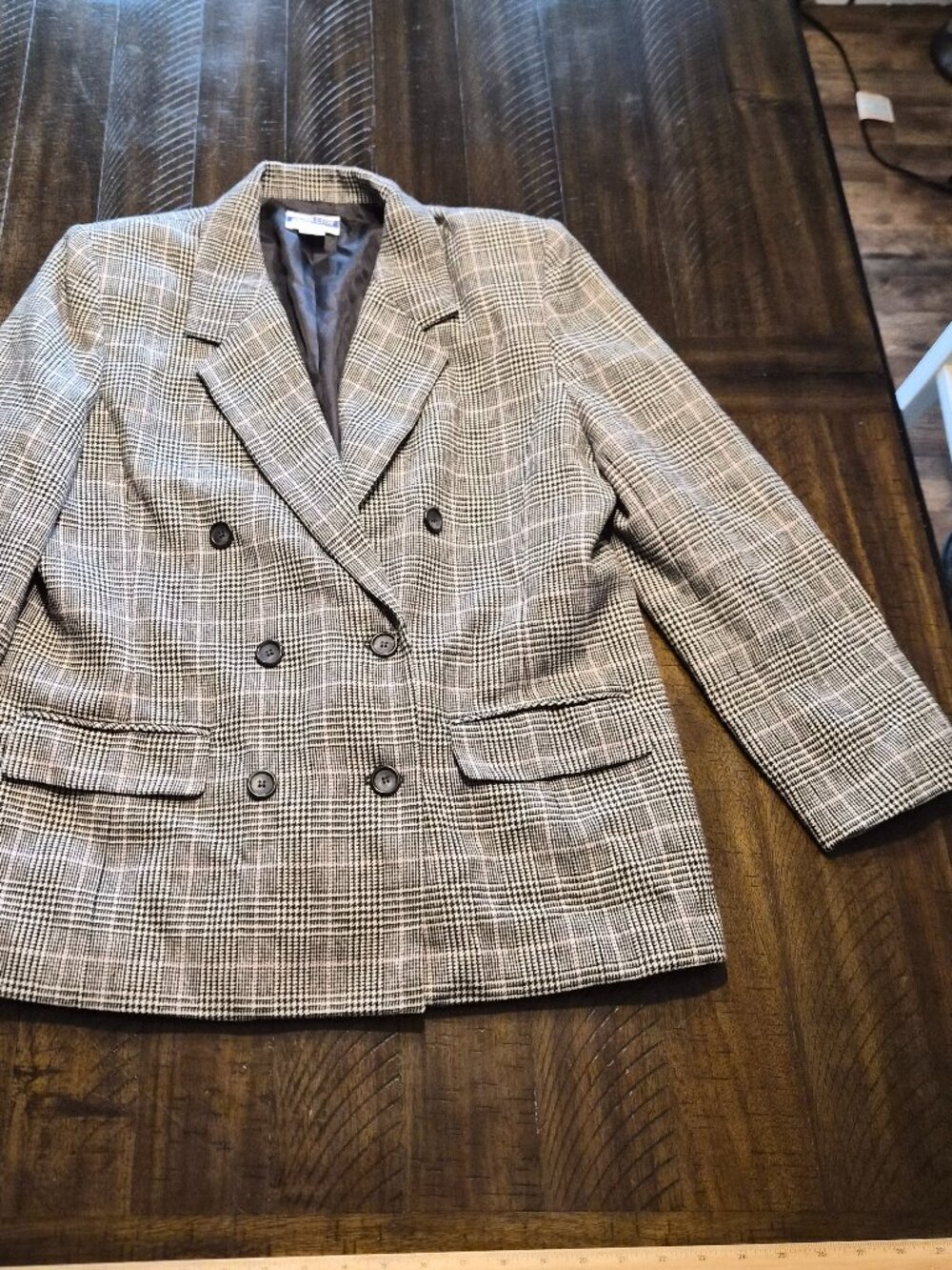 Pendleton Vintage Virgin Wool Blazer Black Tan Brown Plaid Womens 14 Made In USA